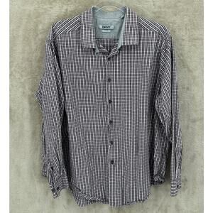 DKNY Shirt Mens 18 Slim Fit Gray Burgundy Check Plaid Button Up 100% Cotton Work